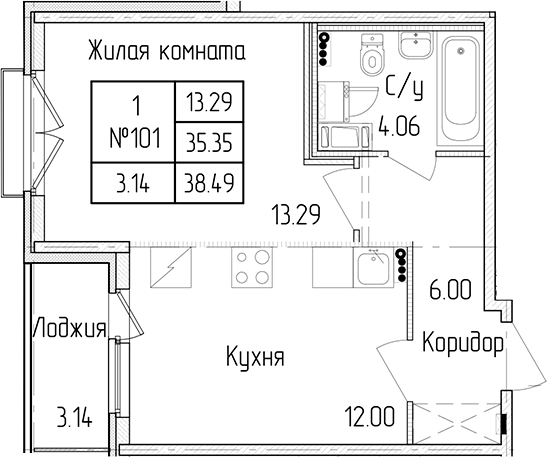 1-комнатная квартира 35.35 м², 4/4 эт., ЖК «Любоград в Стрельне»